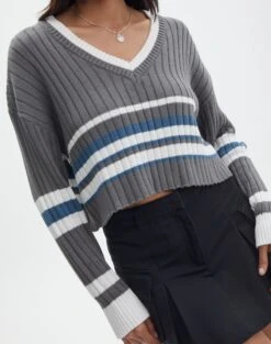 V-Neck Drop Shoulder Varsity Knit Jumper -Everrastyle Shop paige preppy v neck coal stripe imageback kl90519ostp