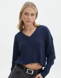 V-Neck Drop Shoulder Knit Jumper -Everrastyle Shop paige preppy v neck naughtical front kl90519oca