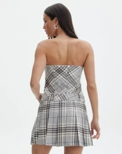 Strapless Pleated Check Mini Dress -Everrastyle Shop pia pleat dress lunar check back ds113001prt
