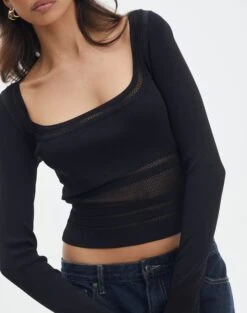 Panelled Knit Long Sleeve Top -Everrastyle Shop pinny panelled longsleeve black imageback kl114624vn