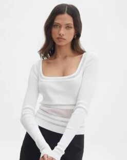 Panelled Knit Long Sleeve Top -Everrastyle Shop pinny panelled longsleeve white front kl114624vn