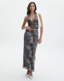 Floral Mesh Lettuce Trim Midi Skirt -Everrastyle Shop r marina mesh maxi skirt mink tie dye front sl53303rpri 1