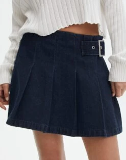 Denim Mini Pleat Buckle Skirt 22 Denim Mini Pleat Buckle Skirt -Everrastyle Shop r polly pleat buckle skirt last rodeo indigo detail ss123550rdnm