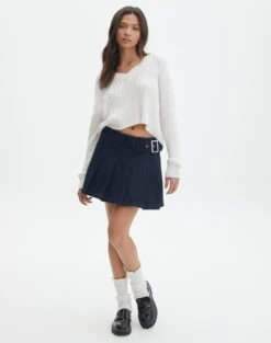 Denim Mini Pleat Buckle Skirt 21 Denim Mini Pleat Buckle Skirt -Everrastyle Shop r polly pleat buckle skirt last rodeo indigo full ss123550rdnm