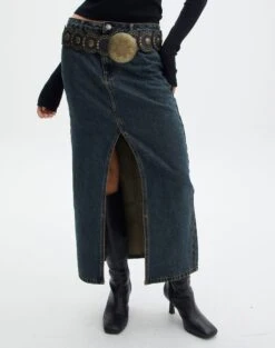 Denim Midi Front Split Skirt -Everrastyle Shop r rita denim midi hemmed skirt darjeeling full sl55242rden