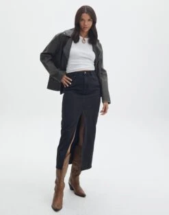 Split Front Denim Midi Skirt -Everrastyle Shop r roah denim maxi skirt washed black front sl118486rdnm