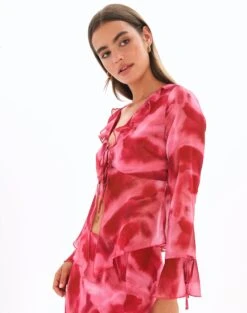 Print Frill Split Tie Front Blouse -Everrastyle Shop riley ruffle blouse carnation skies detail bl64192prt