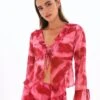 Print Frill Split Tie Front Blouse -Everrastyle Shop riley ruffle blouse carnation skies front bl64192prt 4