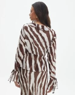 Print Frill Split Tie Front Blouse -Everrastyle Shop riley ruffle blouse umber zebra back bl64192prt