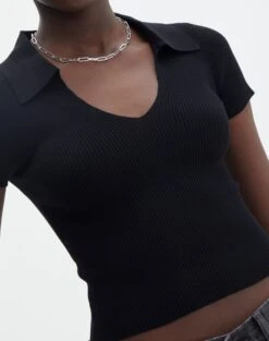 Collared Ribbed Knit Crop Top -Everrastyle Shop sammie collared black imageback ks123930vp