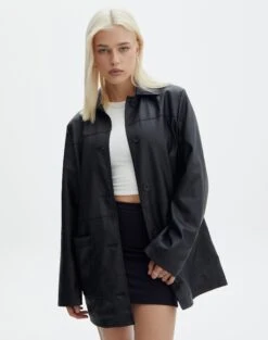 Washed Faux Leather Oversized Moto Jacket -Everrastyle Shop sunny pu shacket black front jw73862pu 4