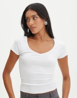 Cropped V Neck Tee -Everrastyle Shop susu v neck top white front ts122528rib