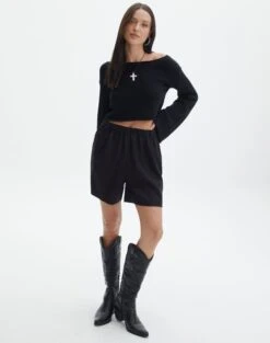 Knit Off The Shoulder Crop Top 39 Knit Off The Shoulder Crop Top -Everrastyle Shop t kez longline linen short black front sw118936tlv