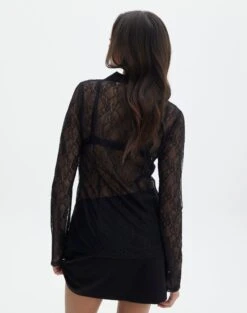 Lace Long Sleeve Button Front Top -Everrastyle Shop tali lace fitted cardigan black back tc131029lac