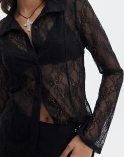 Lace Long Sleeve Button Front Top -Everrastyle Shop tali lace fitted cardigan black imageback tc131029lac