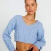 Cropped Cable Knit V Neck Jumper -Everrastyle Shop tartt cable v neck crop monday blues front kl78966ca 3