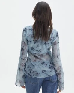 Print Ruffle Long Sleeve Blouse -Everrastyle Shop tritan lattice blouse bubble blooms back bl134763prt