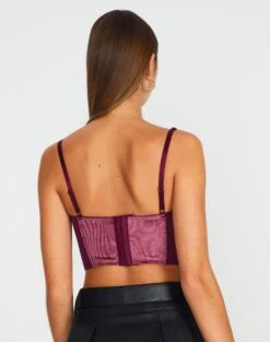 Velvet Tie Front Lace Trim Corset Top -Everrastyle Shop varna velvet bralette berry the hatchet back ut109831vel