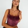 Velvet Tie Front Lace Trim Corset Top -Everrastyle Shop varna velvet bralette berry the hatchet front ut109831vel