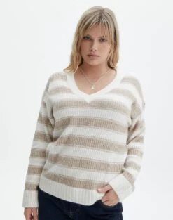 V-Neck Drop Shoulder Varsity Knit Jumper -Everrastyle Shop vivi v neck jumper rib stripe front kl78867rjac