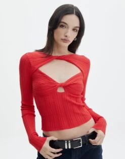 Twist Front Cut Out Long Sleeve Knit Top 27 Twist Front Cut Out Long Sleeve Knit Top -Everrastyle Shop volly varigated twist knit mulan red front kl103057ve