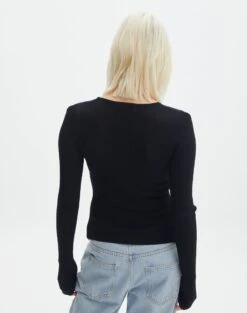 Ribbed Long Sleeve Split Side Knit -Everrastyle Shop wilber wide neck black back kl124045vn