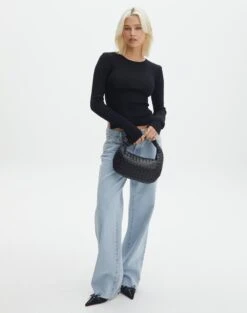 Ribbed Long Sleeve Split Side Knit -Everrastyle Shop wilber wide neck black full kl124045vn