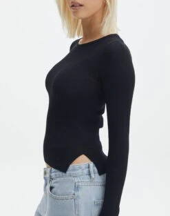 Ribbed Long Sleeve Split Side Knit -Everrastyle Shop wilber wide neck black imageback kl124045vn