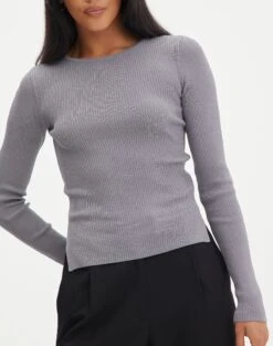 Ribbed Long Sleeve Split Side Knit -Everrastyle Shop wilber wide neck keep your coal imageback kl124045vn