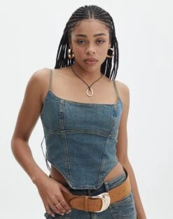 Denim V Neck Waistcoat 38 Denim V Neck Waistcoat -Everrastyle Shop yolanda denim corset ethal ringspun front bv126939spu