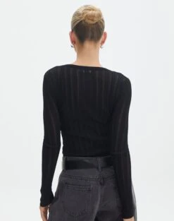 Sheer Ribbed Long Sleeve Knit Top -Everrastyle Shop zara sheer crepe crew black back kl89942sc