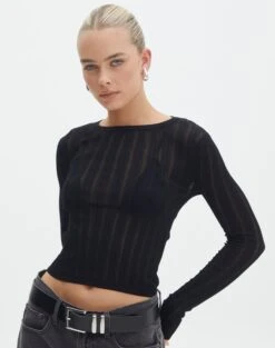 Knit Mesh Long Sleeve Top -Everrastyle Shop zara sheer crepe crew black front kl89942sc 5