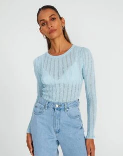 Sheer Ribbed Long Sleeve Knit Top -Everrastyle Shop zara sheer crepe crew put things on ice front kl89942sc